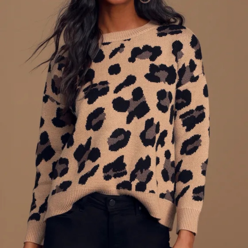 Lulus Roam Free Beige Leopard Print Knit Sweater - Size S/M